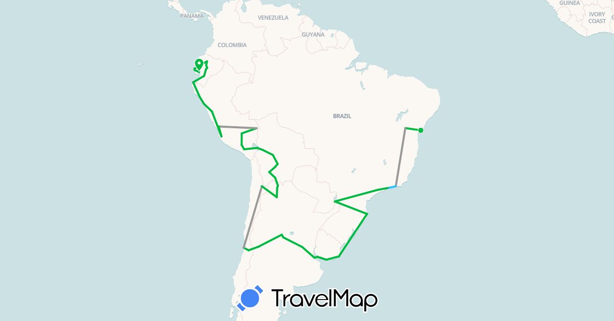 TravelMap itinerary: driving, bus, plane, boat in Argentina, Bolivia, Brazil, Chile, Ecuador, Peru, Uruguay (South America)